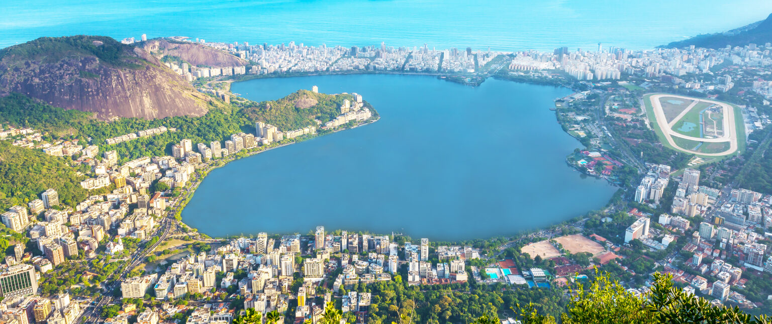 Aerial view of Rio de Janeiro with Christ Redeemer and Corcovado Mountain. Brazil. Latin America, horizontal
